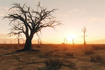 Fototapeta premium A hyperrealistic portrayal of a lone tree in a vast savanna, with dry grass and a striking sunset, capturing the essence of resilience and beauty in harsh conditions, in hyperrealistic 8k detail
