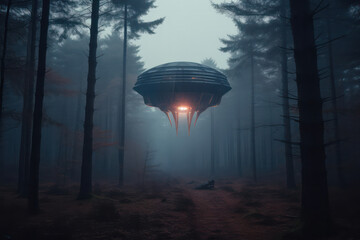 A hyperrealistic portrayal of an alien spaceship hovering above a forest, casting an ethereal glow on the trees and creating an otherworldly atmosphere, in hyperrealistic 8k detail