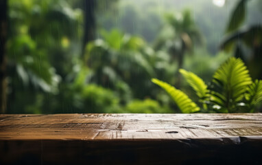bare wooden table in the tropical rain jungle, with a hazy background, product presentation display or dais