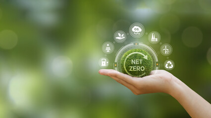 Hand of human holding green earth with green net zero icon. Net zero and carbon neutral concept....