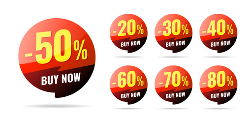Buy now label pop-up banner with different sale percentage. 20, 30, 40, 50, 60, 70, 80 percent off price reduction badge promotion design emblem set vector illustration isolated on white background.