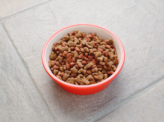 Red pet food bowl full of dry cat food, on a grey tile floor