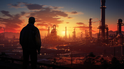Fototapeta premium a worker standing with his back visible, facing the industrial factory at dusk
