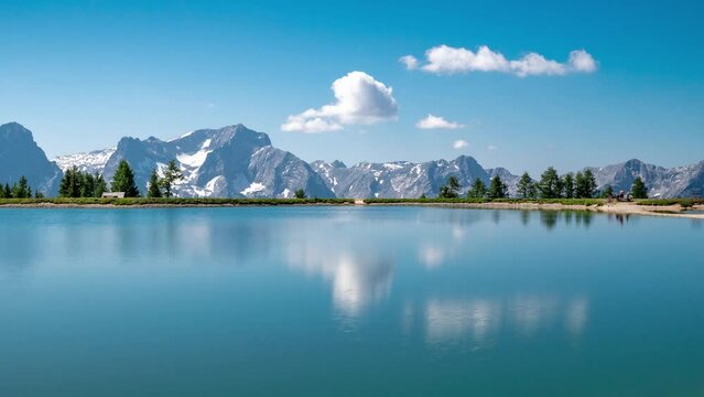 Zeitraffer vom Schafkogelsee im Sommer mit Spiegelung im Wasser und Berglandschaft im Hintergrund