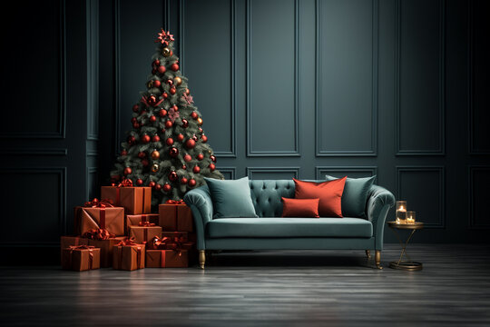 Christmas tree with presents and copy space