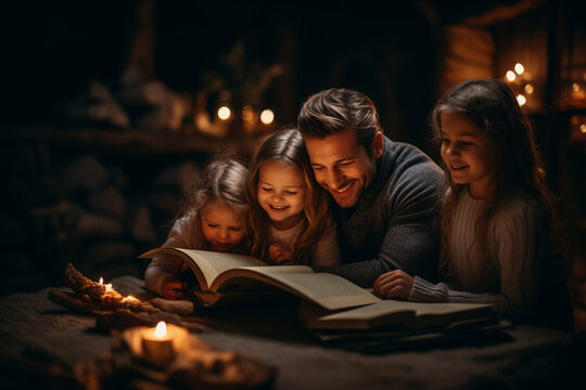 Father with his three daughters at Christmas