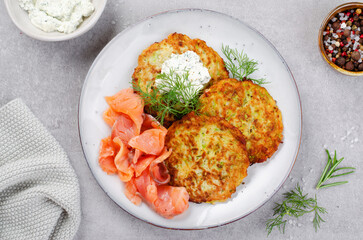 Zucchini Fritters with Salmon, Herbs and Cream Cheese Topping, Tasty Savory Pancakes