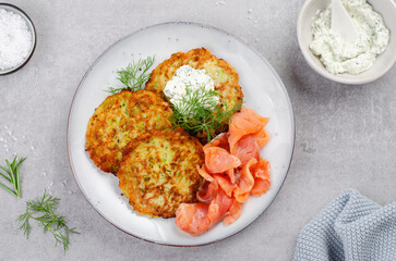 Zucchini Fritters with Salmon, Herbs and Cream Cheese Topping, Tasty Savory Pancakes