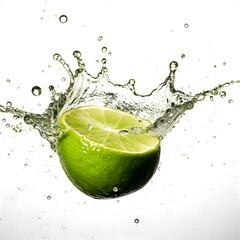 lime drop into water, splash, isolated white background