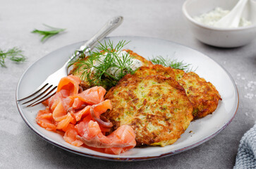 Zucchini Fritters with Salmon, Herbs and Cream Cheese Topping, Tasty Savory Pancakes