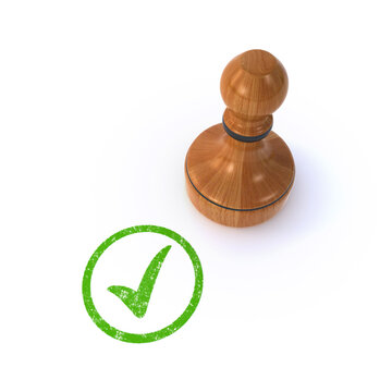 3d render of a rubber stamp showing check mark sign on the white background