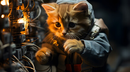 Cute ginger kitten in the hands of an electrician. Selective focus.