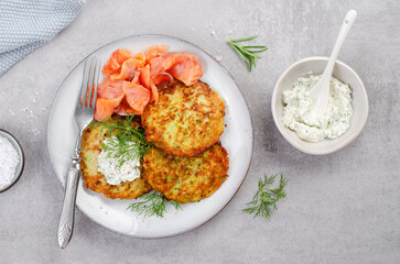 Zucchini Fritters with Salmon, Herbs and Cream Cheese Topping, Tasty Savory Pancakes