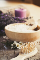 Fototapeta na wymiar Lavender spa setting. Wellness theme with lavender products.