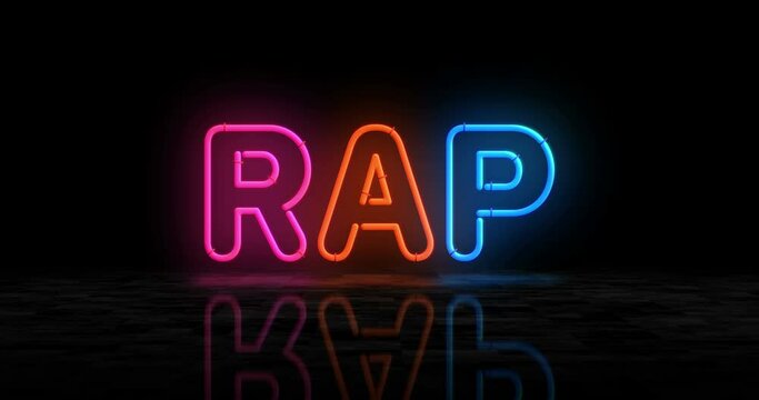 Rap music neon glowing symbol. Light color bulbs. Rap battle and hip hop retro style  abstract concept 3d animation.