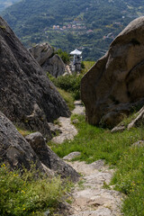 Flight of the angel, Pietrapertosa, Italy. Village nestled in the Lucanian Dolomites in Italy. Surrounded by rocks near Castelmezzano. The zipline flies between these peaks over a stunning panorama.