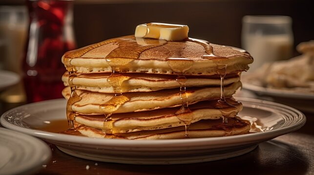 Pancakes stack. Lots of fritters on the plate. Hot pastries for breakfast with butter. Against the background of the kitchen. flour calorie product, Shrovetide (pancake day). 