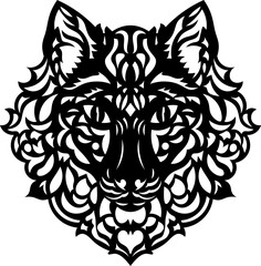 Wolf Head T-Shirt Design. Ornamental wolf predator, black and white tattoo, decorative retro style. Isolated vector illustration