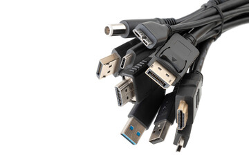 Various Plugs and Jacks with USB, HDMI, DisplayPort, Sound and other Connectors isolated on white background