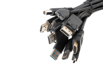 Various Plugs and Jacks with USB, HDMI, DisplayPort, Sound and other Connectors isolated on white background