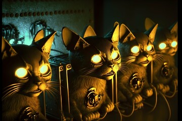 cloning machine that makes evil cat creatures many monsters action scene film photo from the 1990s of a horror movie Kodak Porta film cinematic screen grab octane render cinematic lighting 
