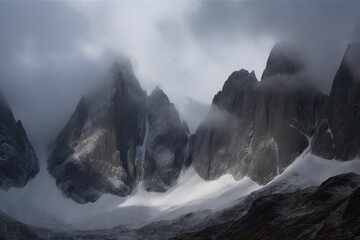 Illustration of snowy mountain range engulfed in clouds