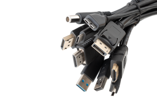 Various Plugs and Jacks with USB, HDMI, DisplayPort, Sound and other Connectors isolated on white background