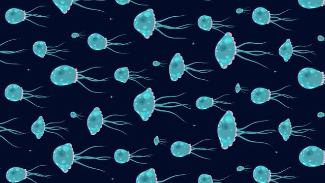Jellyfish cartoon character pattern wallpaper on dark background. Cute children swimming animal animation good as backdrop for intro, party, television programme, presentation, etc...