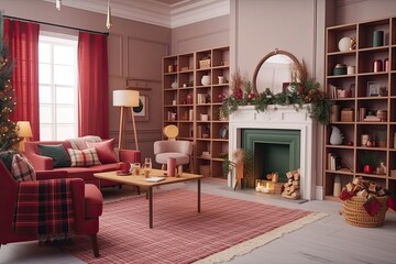 cozy living room decorated for Christmas with a festive tree and furniture