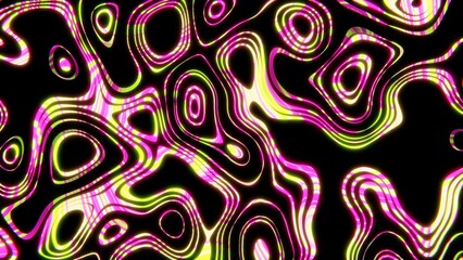 Fototapeta na wymiar Abstract 80s retro disco neon background. Hippie style wallpaper with glowing pink and green lines and waves. Colorful groovy shapes. Gradient colors. 4K 3D Computer graphics render