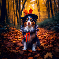 Dog with halloween hat in the forest in autumn. AI Generative
