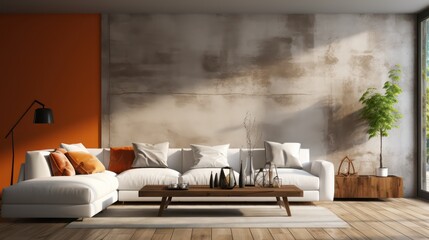 Modern interior design of living room with white sofa, coffee table, stucco wall. created with generative ai.