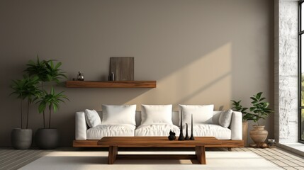 Modern interior design of living room with white sofa, coffee table, stucco wall. created with generative ai.