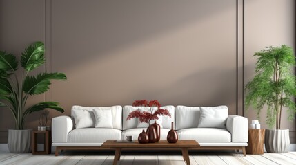 Modern interior design of living room with white sofa, coffee table, stucco wall. created with generative ai.