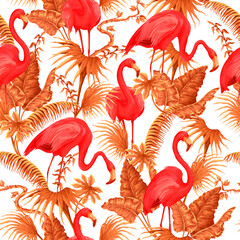 Seamless pattern with flamingos and tropical tress. Vector.