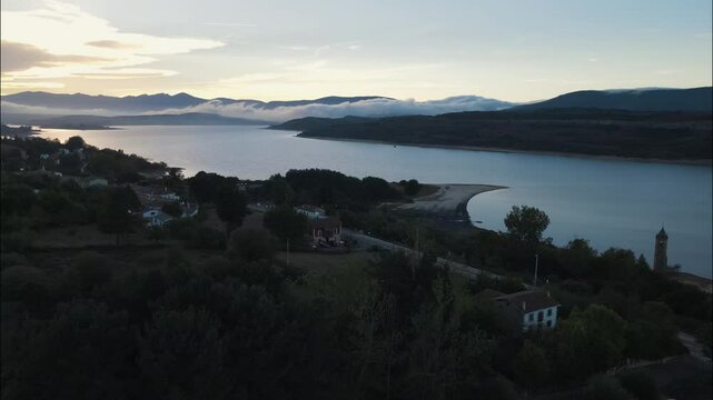 Embalse del Ebro. Spain. Sunset. Sunrise. River. Water reservoir. Aerial photography videography.
