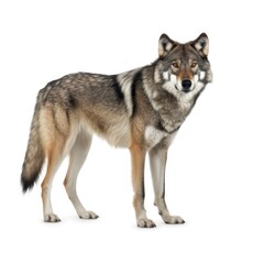 Naklejka na ściany i meble A wolf is standing in front of a white background created with Generative AI technology