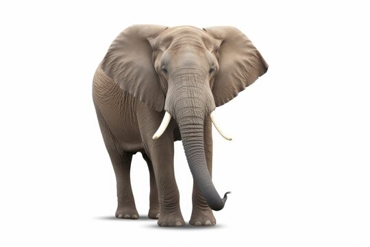 An elephant with tusks standing in front of a white background created with Generative AI technology