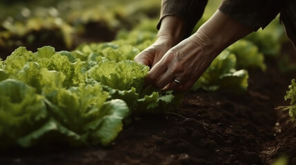 Naklejka na ściany i meble Woman hands picking green lettuce in vegetable garden. 