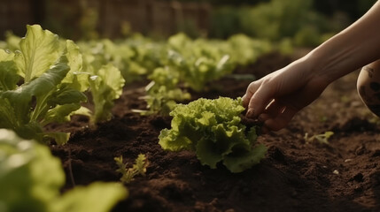 Woman hands picking green lettuce in vegetable garden. 