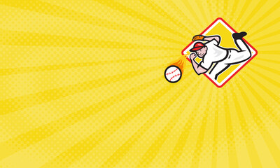 Business card showing Illustration of an american baseball player pitcher outfielder throwing a fire fiery ball set inside diamond shape.