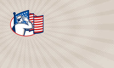 Business card showing Illustration of an American soldier serviceman saluting USA stars and stripes flag viewed from rear set inside oval done in retro style.