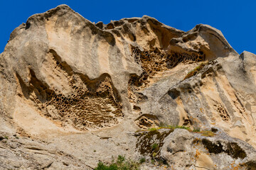 View of Pietrapertosa and Castelmezzano. Two beautiful villages built on the Lucanian Dolomites in Italy. Connected by a zipline that crosses the valley adrenaline-pumping experience. Day and sunset.