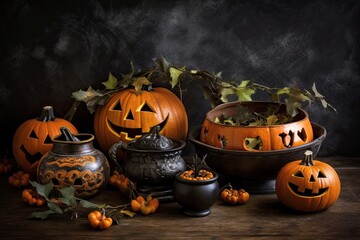 Illustration of pumpkins arranged on a rustic wooden table