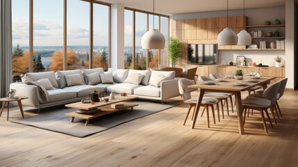 Interior design of modern scandinavian apartment, living room and dining room. created with generative ai.