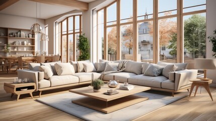 Interior design of modern scandinavian apartment, living room and dining room. created with generative ai.