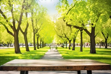 wooden table surrounded by a lush green park filled with tall trees