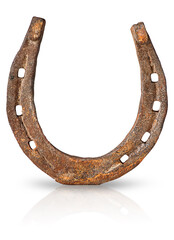 Old rusty horseshoe vertically isolated on white background - obrazy, fototapety, plakaty
