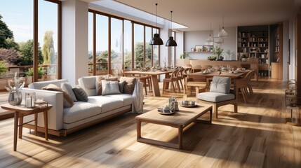 Fototapeta premium Interior design of modern scandinavian apartment, living room and dining room. created with generative ai.