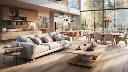 Interior design of modern scandinavian apartment, living room and dining room. created with generative ai.